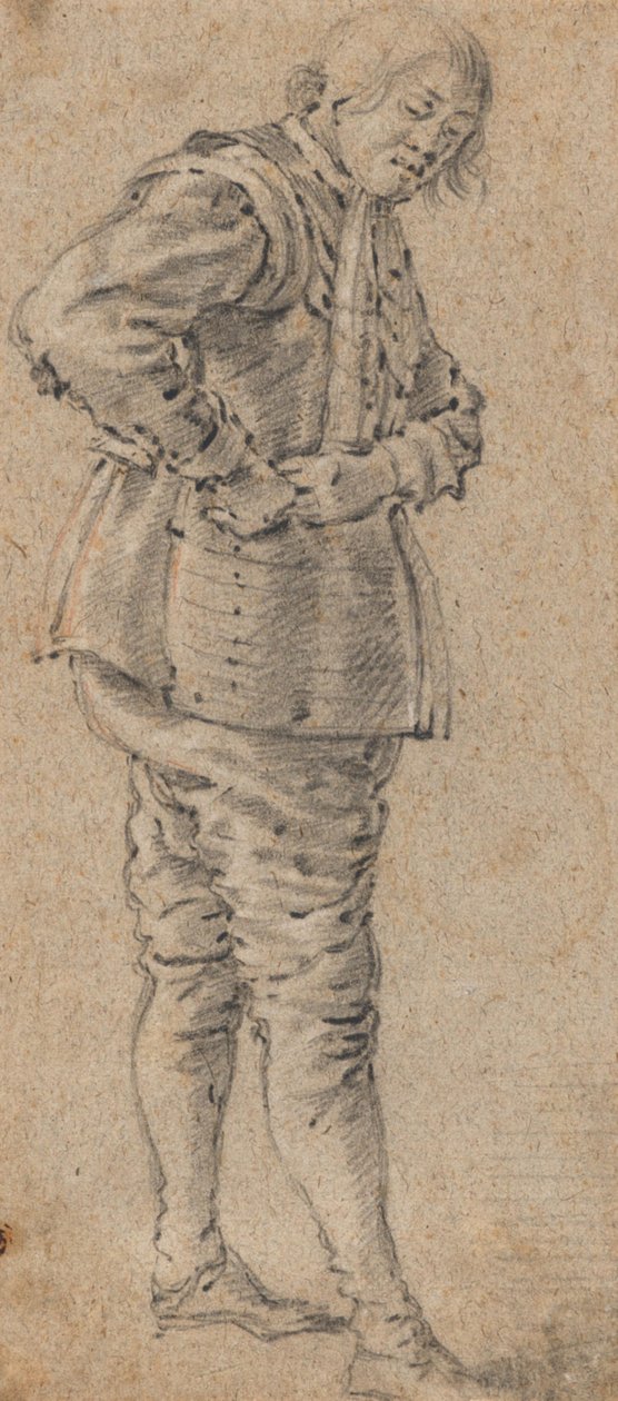Un hombre de pie poniéndose una armadura de Cornelis Saftleven