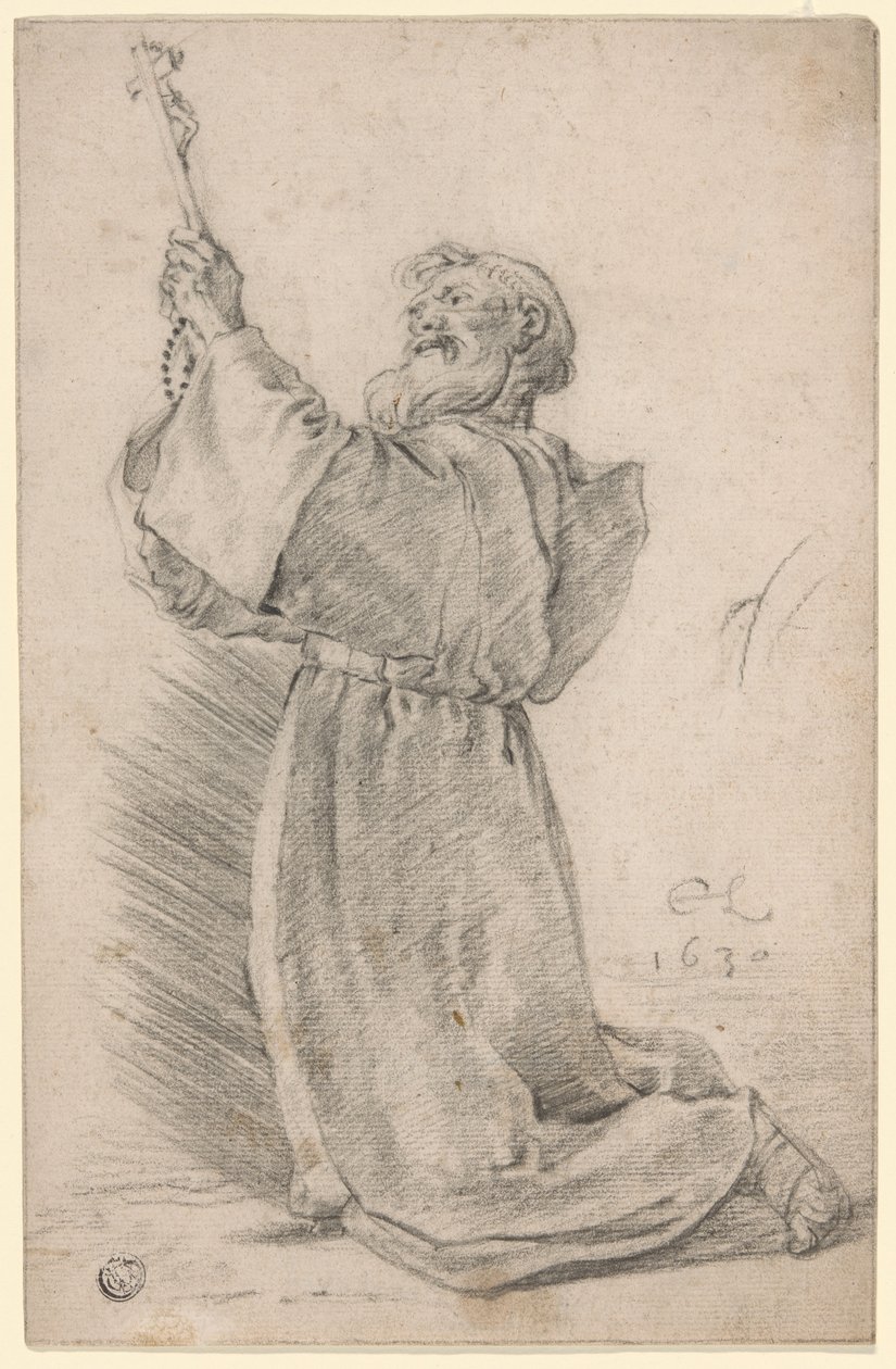 Monje arrodillado sosteniendo un crucifijo de Cornelis Saftleven