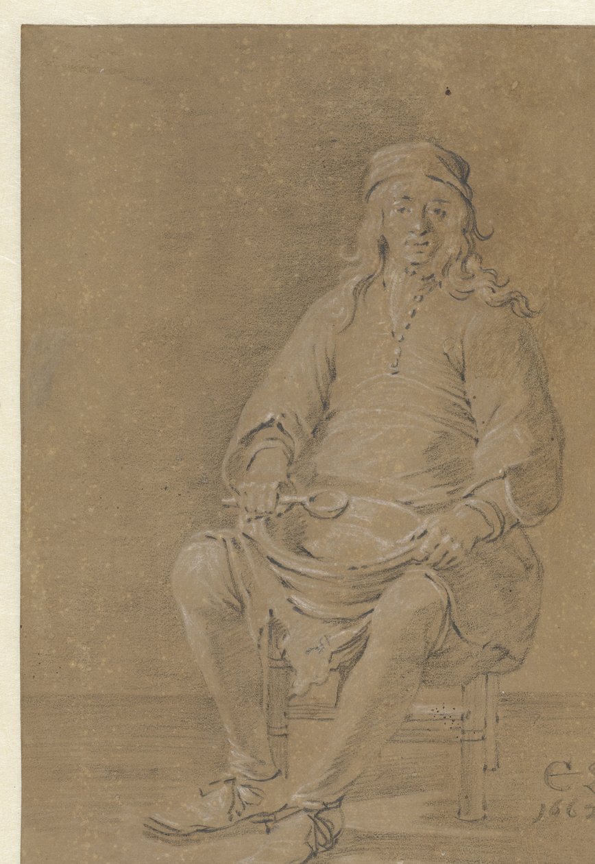 Hombre sentado con un cuenco en el regazo de Cornelis Saftleven