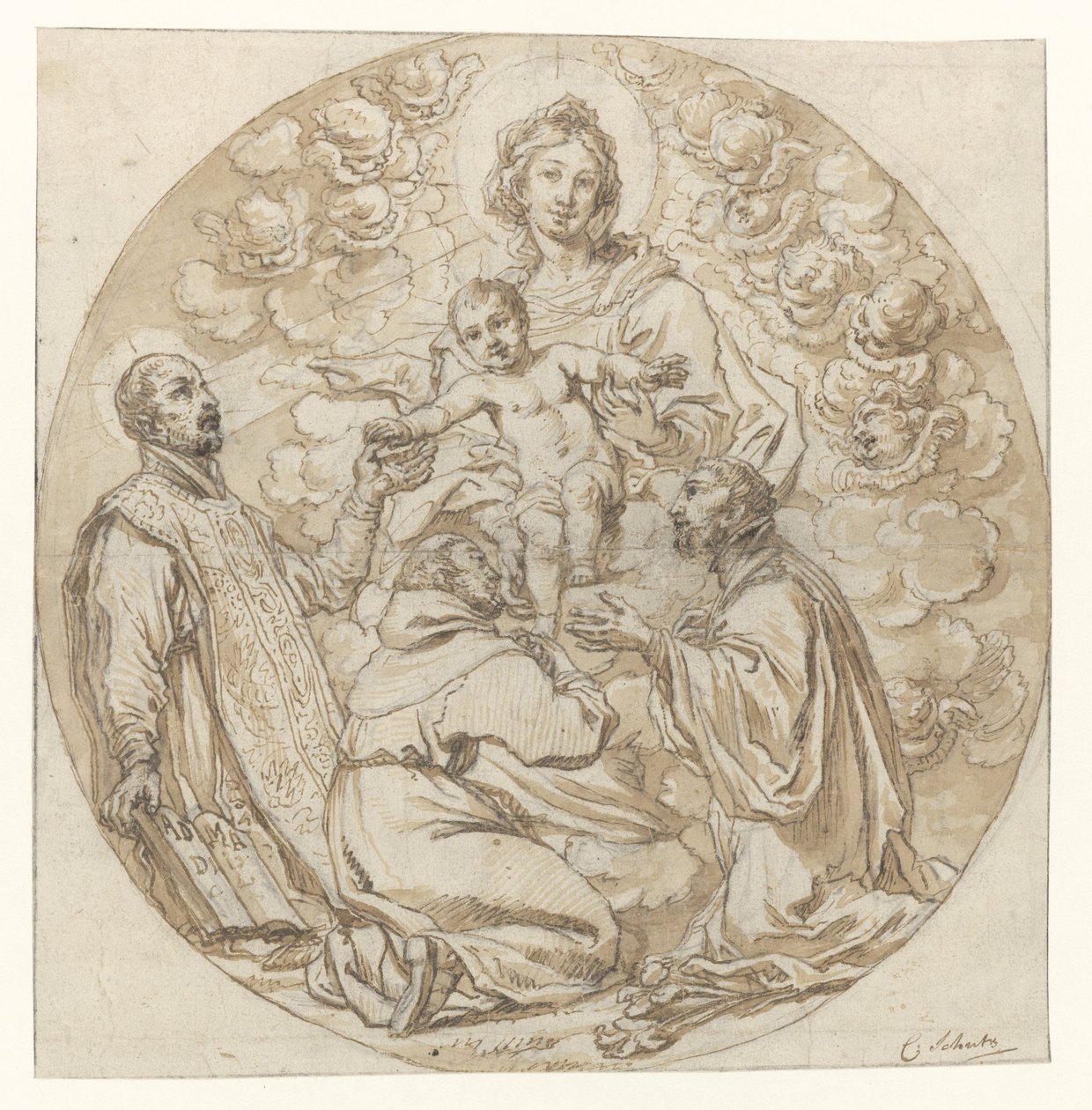 María con el niño adorado por San Ignacio de Loyola, San Francisco Javier y el santo monje de Cornelis Schut (I)