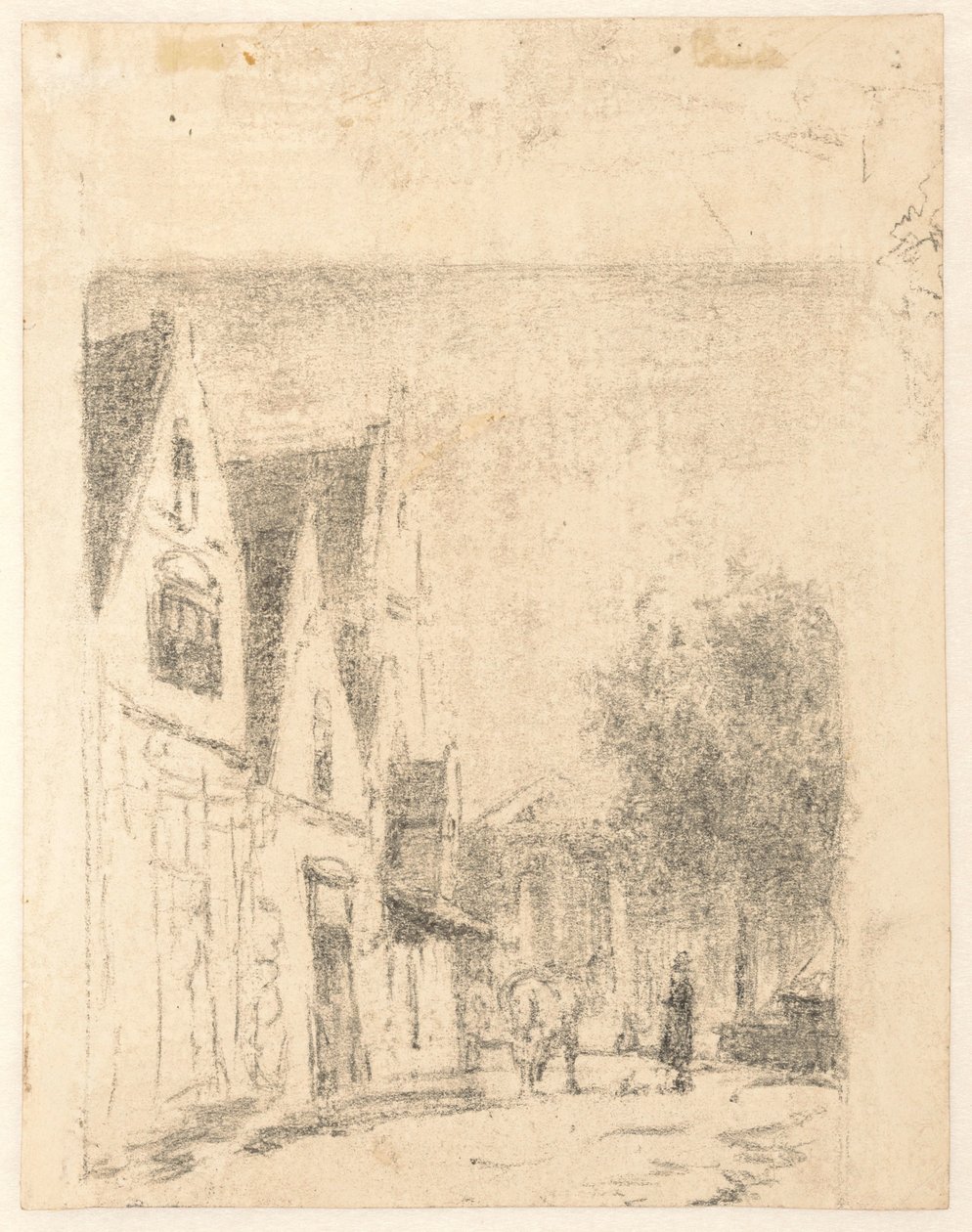 Vista de una calle con un caballo y un hombre de Cornelis Springer