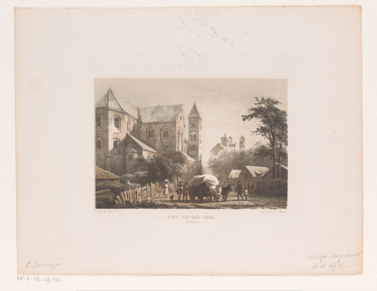 Ganado con carreta frente a iglesia del siglo XI Iglesia de San Pedro (siglo XI) (título sobre el objeto) de Cornelis Springer