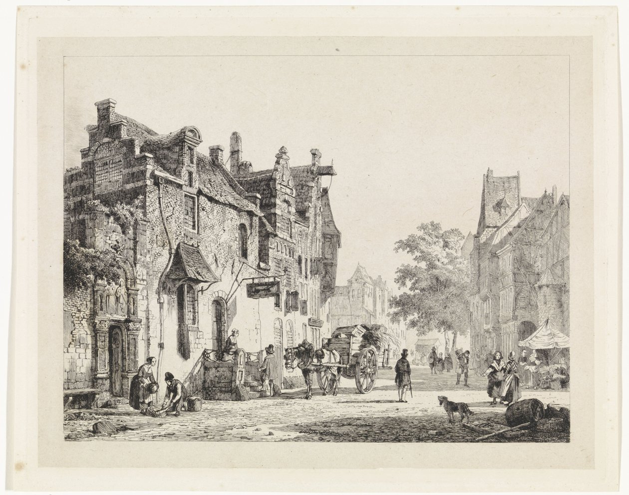 Paisaje urbano con una carreta tirada por caballos de Cornelis Springer