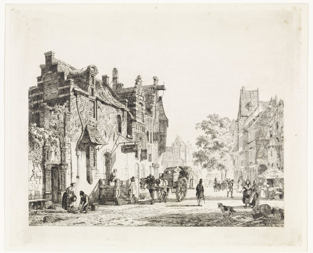 Vista urbana con carro de caballos de Cornelis Springer