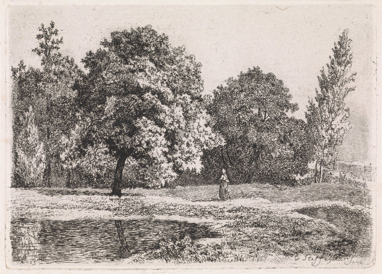 Paisaje con árboles, lago y mujer. Quinta suite (título de la serie) de Cornelis Steffelaar
