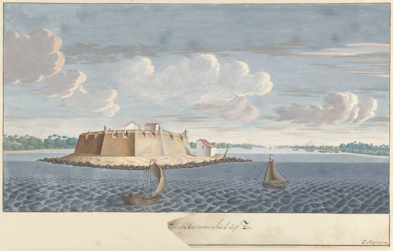 Fort Hammenhiel (Hummenil) en Ceilán, visto desde el mar Fortres Hammenhiel from the Sea (título sobre el objeto) de Cornelis Steiger