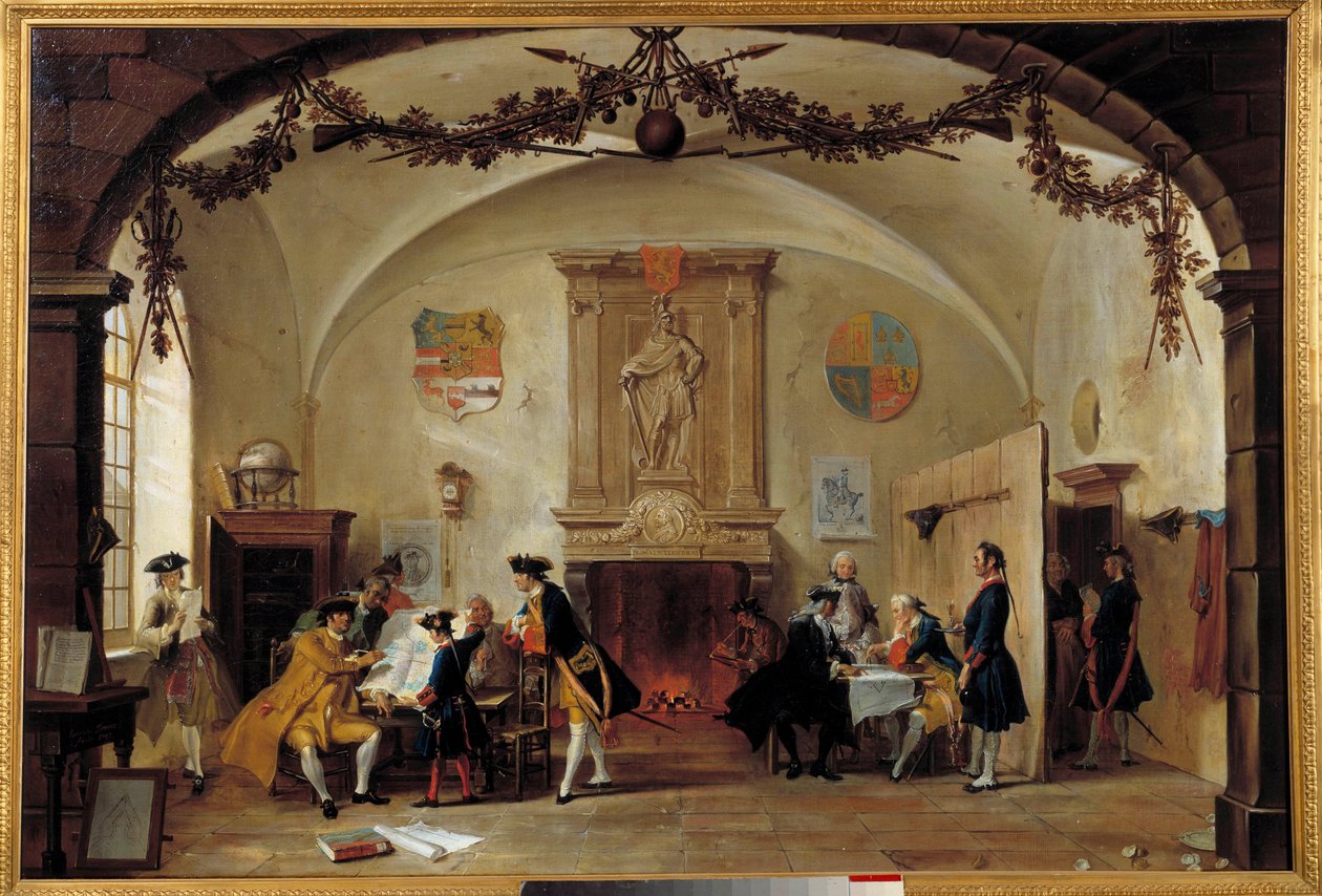 Alegoría de la guerra contra Francia. Soldados holandeses estudian estrategias durante la Guerra de Sucesión Española (1701-1714) entre Francia y España y una coalición formada por Inglaterra, los Países Bajos y Prusia de Cornelis Troost