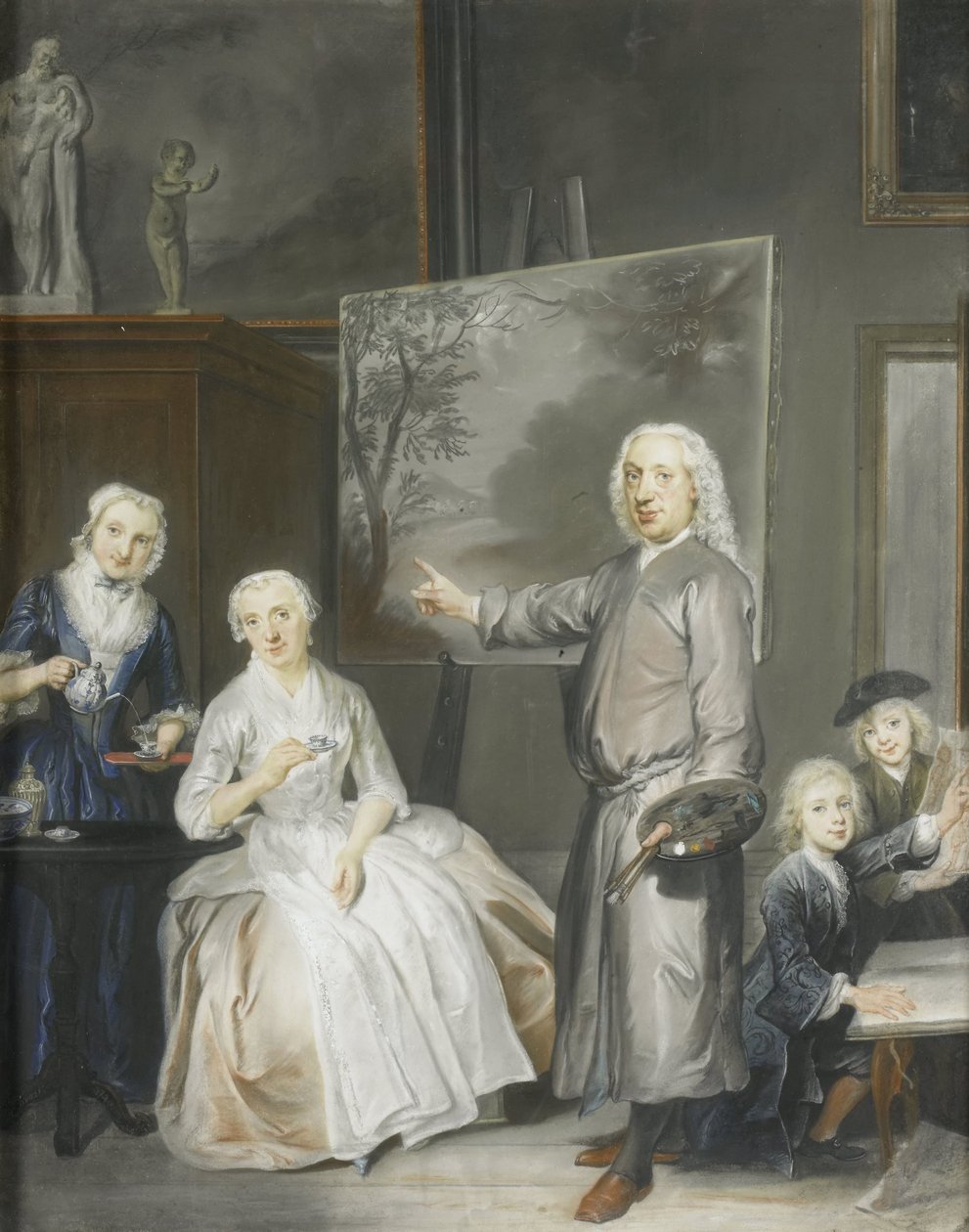 El pintor de paisajes Dirk Dalens III (1688-1753) con su segunda esposa Maria Schaack (fallecida en 1766) y sus hijos Anna (nacida en 1725), William (1737-60) y Jacobus (1741-63) de Cornelis Troost