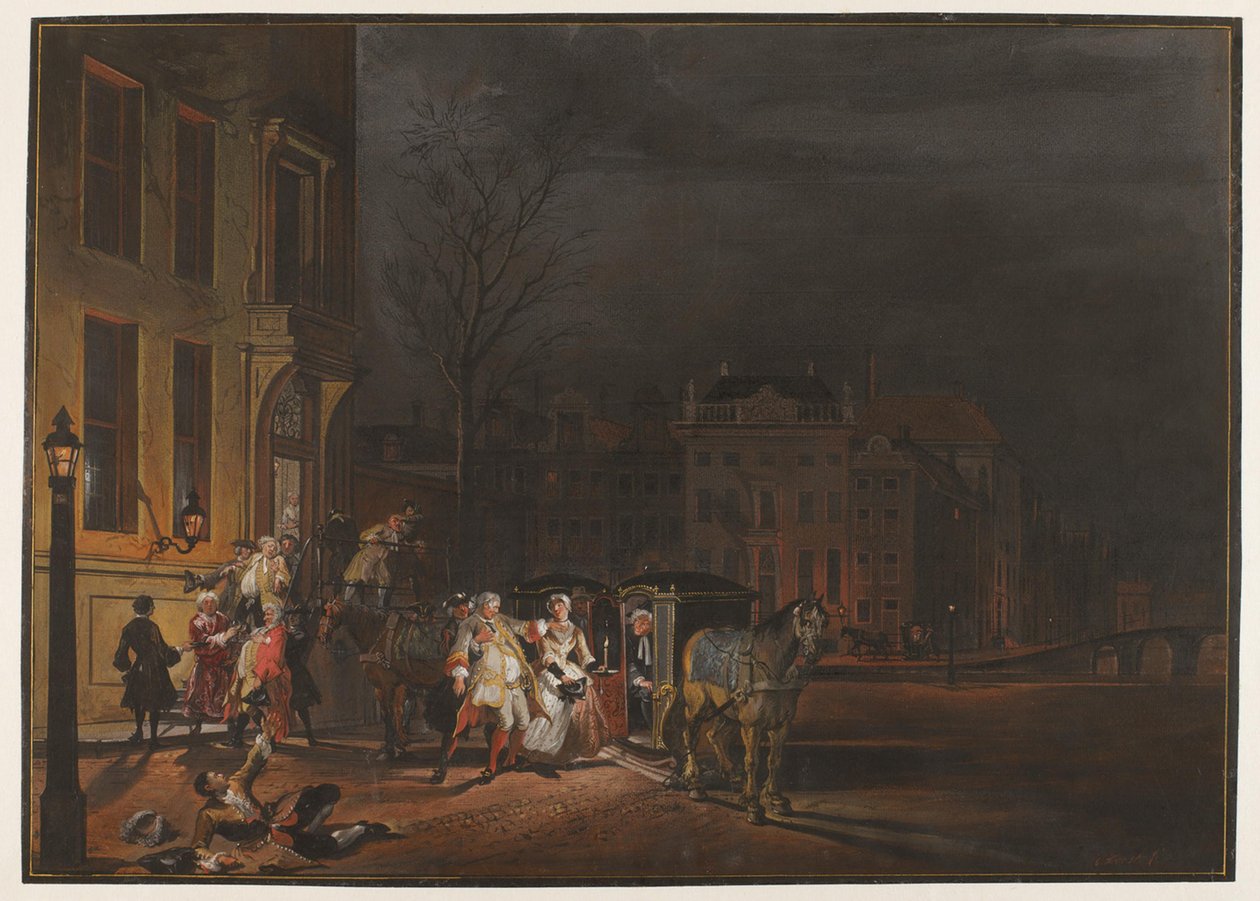 La partida de un grupo de distinguidos caballeros tras una alegre velada de Cornelis Troost
