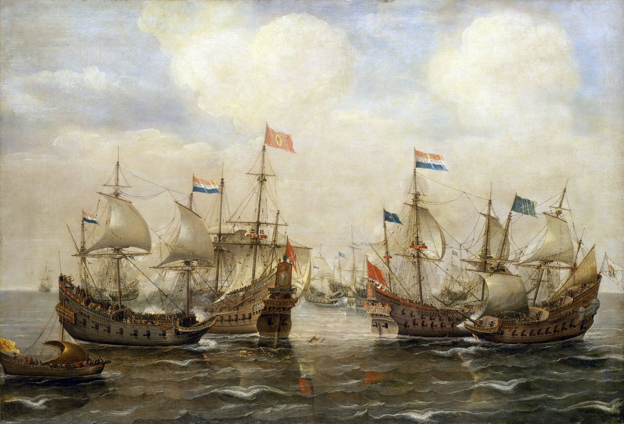 Un enfrentamiento entre españoles y holandeses, hacia 1630, cada barco tiene su bandera, y a la izquierda, un barco lleva la bandera de los Estados Generales holandeses de Cornelis Verbeeck
