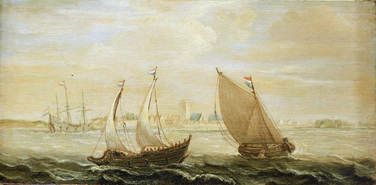 Un yate y un pequeño velero holandés, frente a la costa de un puerto del Zuiderzee (Mar del Norte), con una vista de la ciudad en el horizonte y dunas de arena a la derecha. de Cornelis Verbeeck