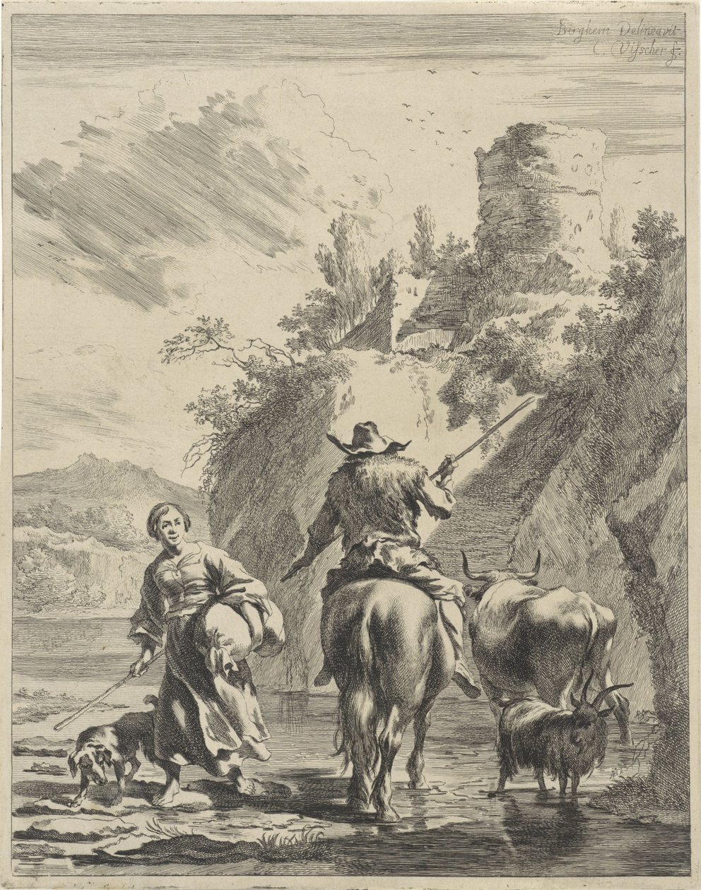 Pastor y pastora en una fortaleza Paisajes ondulantes (título de la serie) de Cornelis Visscher (II)