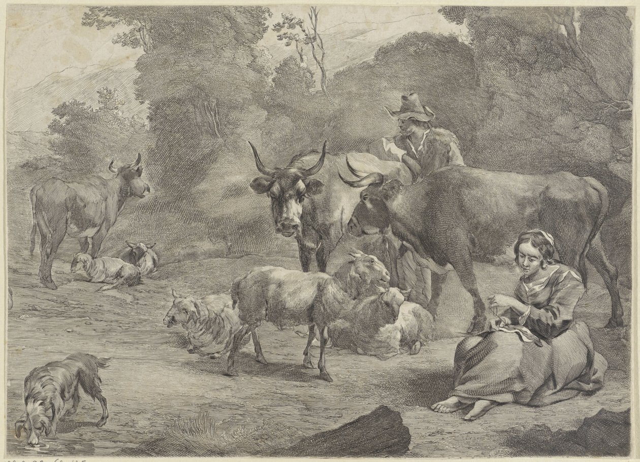 paisaje con pastor y pastora costurera de Cornelis Visscher (II)