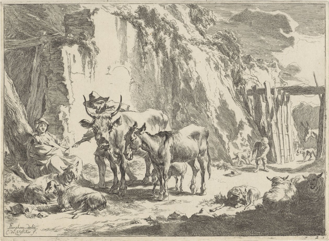 Paisaje con una mujer alimentando a su hijo Paisajes (título de la serie) de Cornelis Visscher (II)