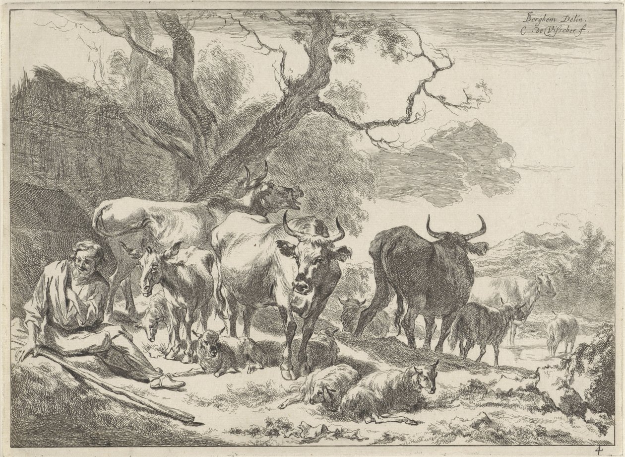 Descansando viejo pastor con su rebaño Paisajes (título de la serie) de Cornelis Visscher (II)