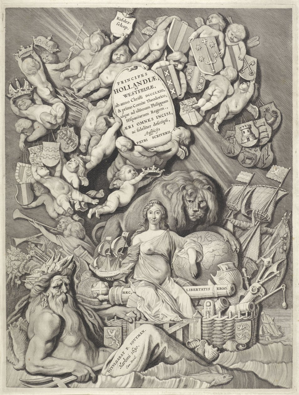 Impresión del título de una serie de condes y condesas de Holanda, Zelanda y Frisia Occidental
PRINCIPIOS / HOLLANDIÆ, / ZELANDIÆ ET FRISIÆ, / (...) / PETRI SCRIVERII (título en el objeto)
Condes y condesas de Holanda, Zelanda y Frisia Occidental (título de Cornelis Visscher (II)