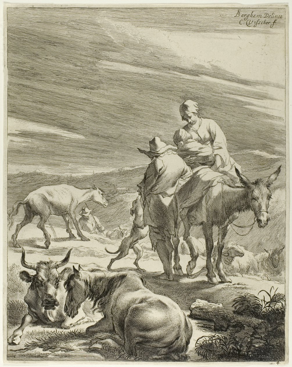 Una madre y su hijo montados en un burro, lámina 4 de Cuatro paisajes de Cornelis Visscher