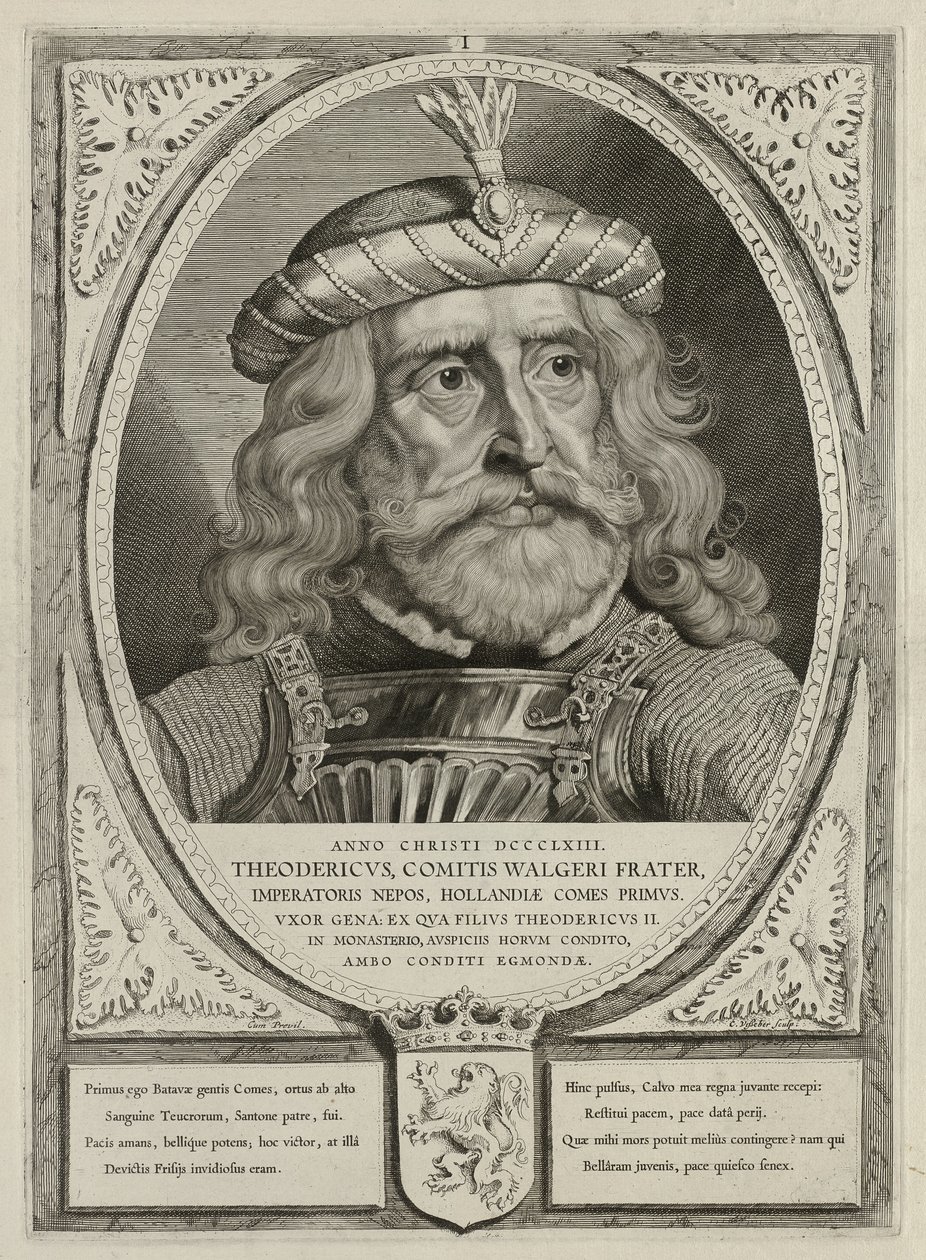 Dirk I, conde de Holanda, con armadura. El marco está decorado con el escudo de armas de Holanda. NL-HlmNHA 1477 53012894 de Cornelis Visscher