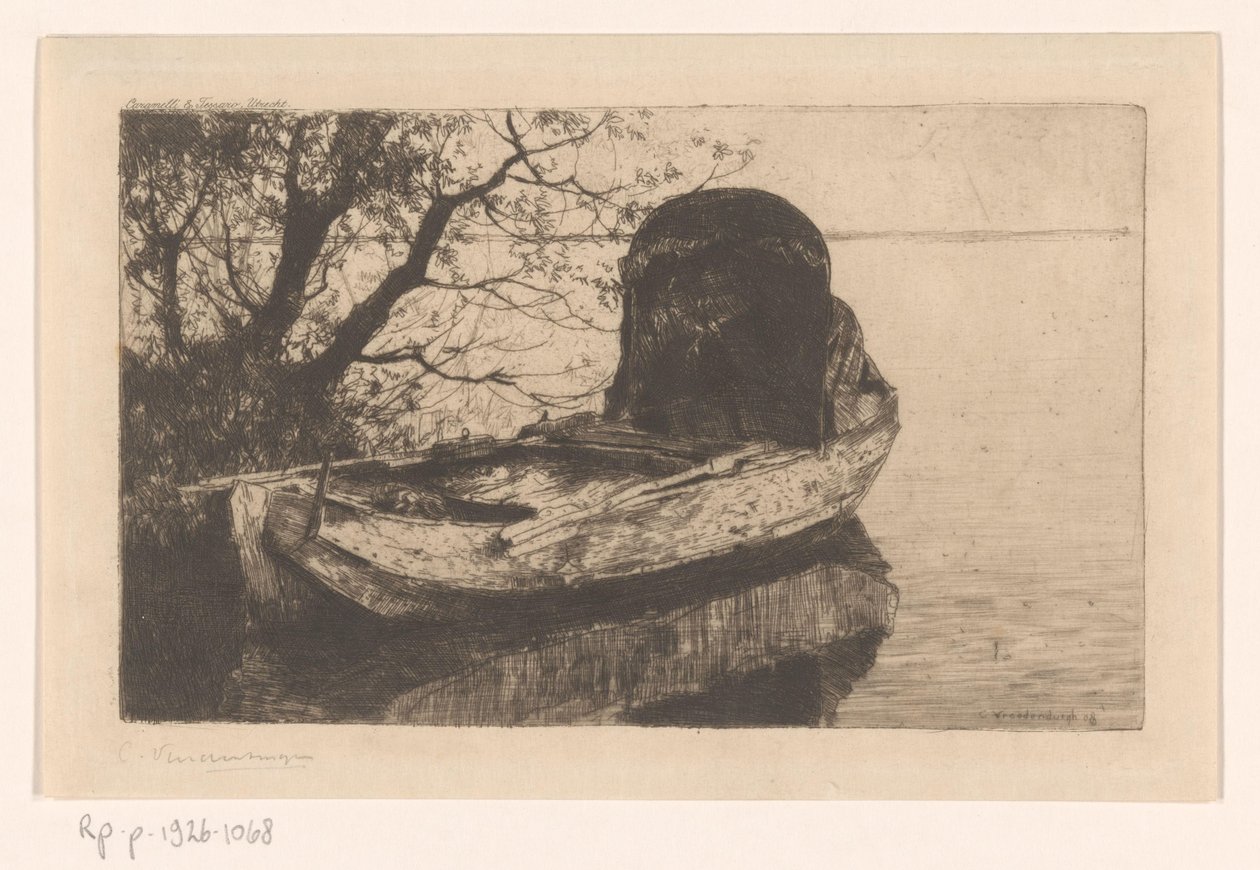 Barco de remos amarrado con toldo de Cornelis Vreedenburgh (signed by artist)