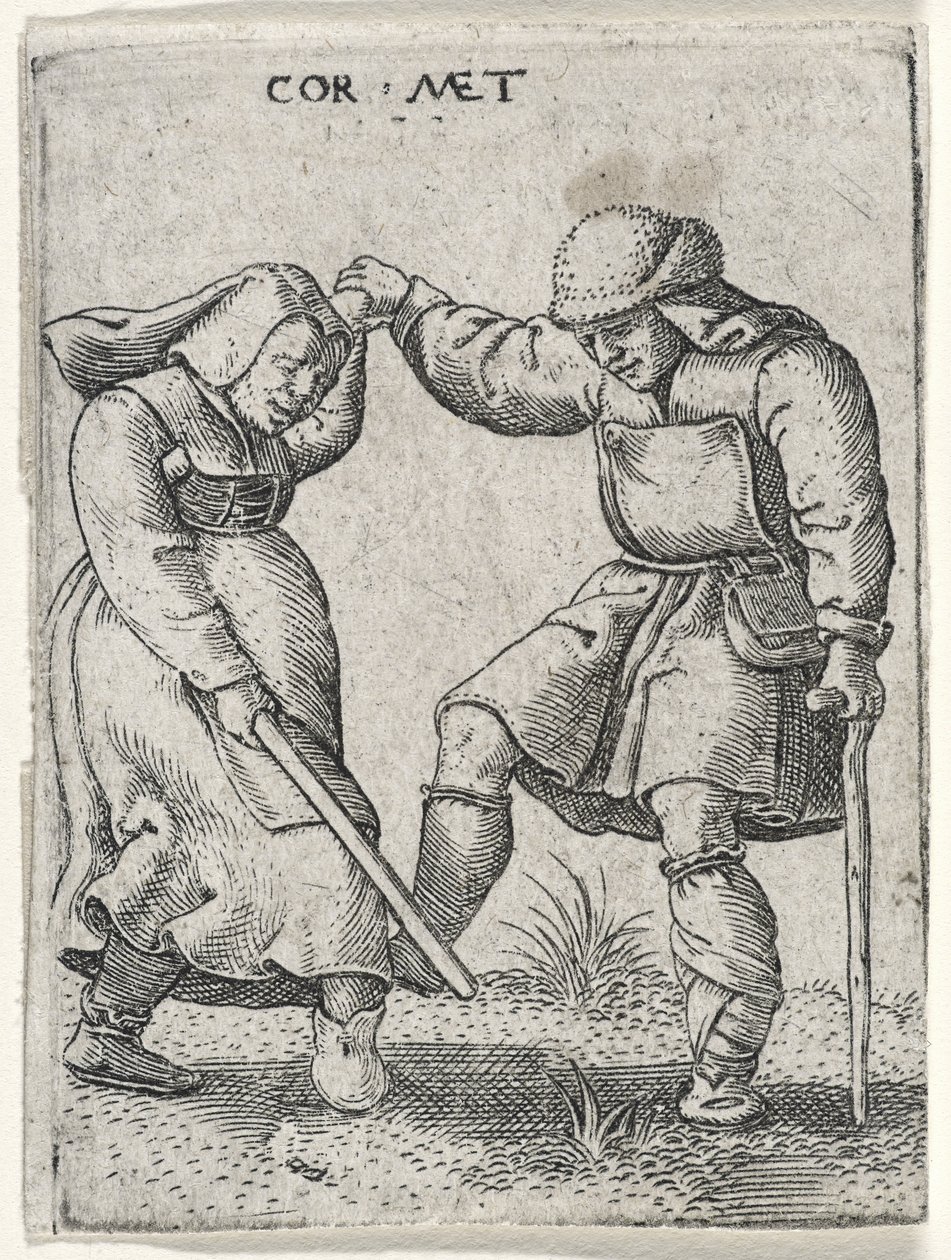 Un hombre con el pie vendado bailando con una mujer, 1572 (grabado en papel verjurado) de Cornelis after Massys