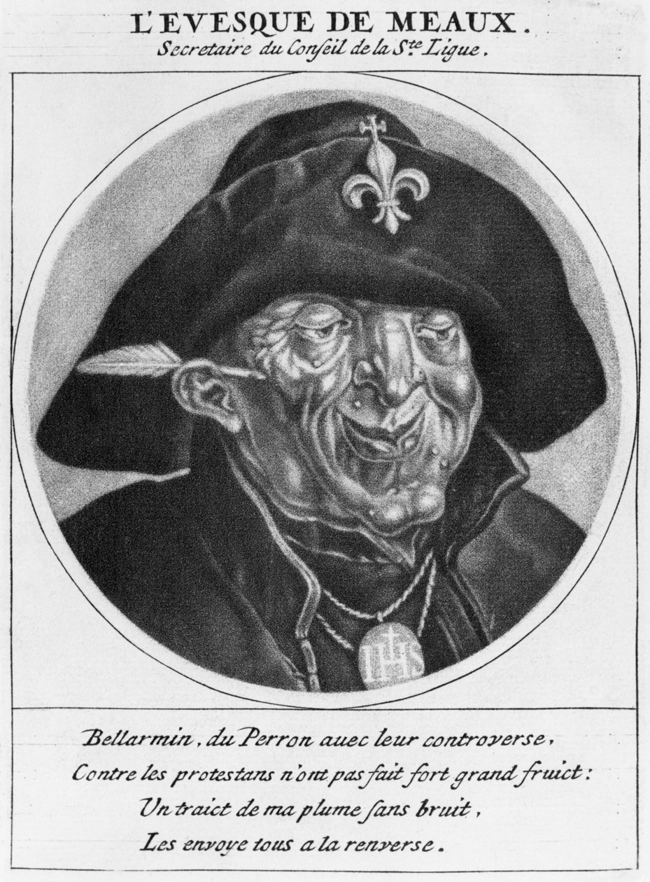 Caricatura protestante de Bossuet, Obispo de Meaux, ilustración de Les Heros de La Ligue ou La Procession monacale, conduite par Louis XIV, pour la conversion des protestants de son royaume, París de Cornelis and Gole, Jacob Dusart