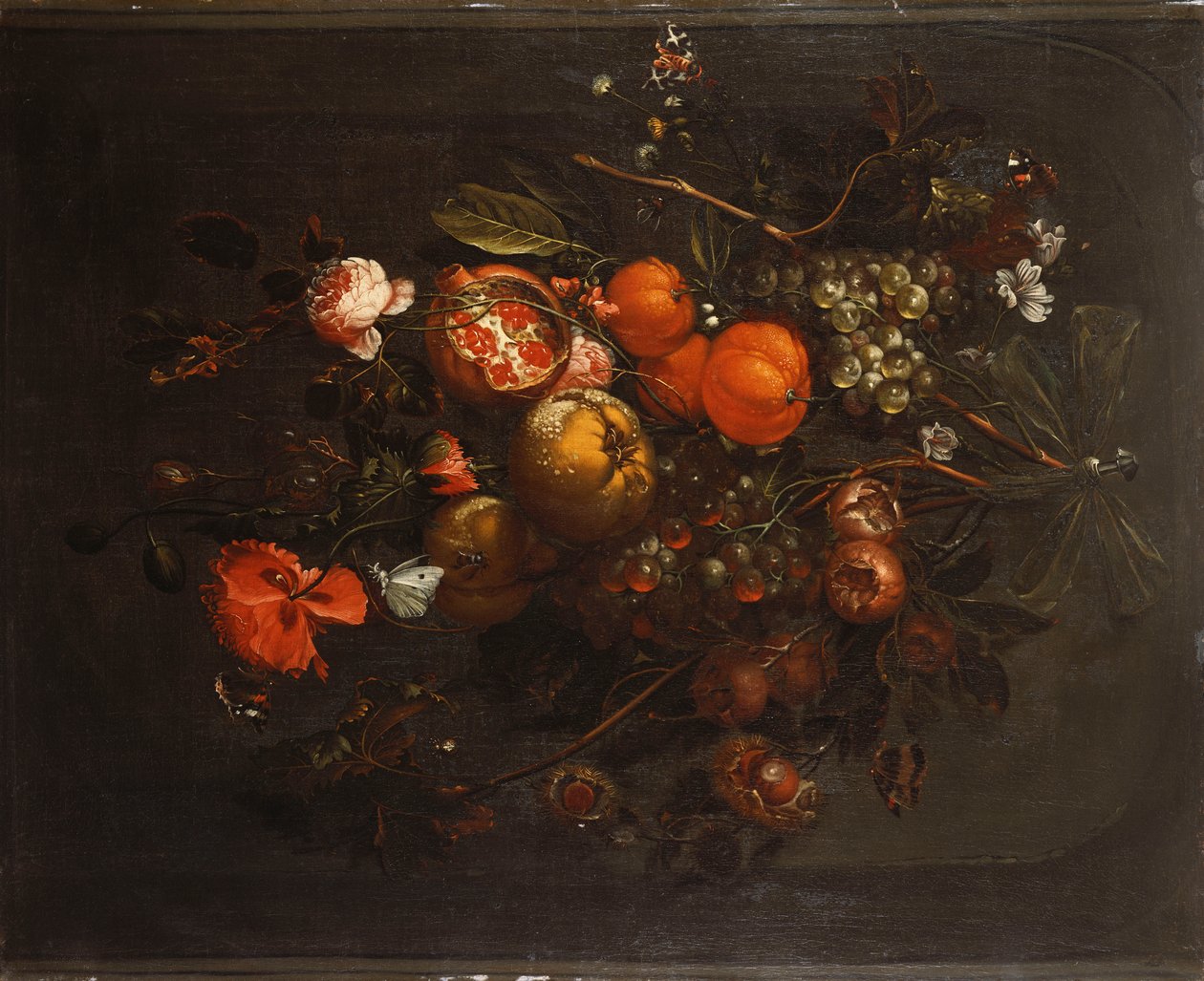 Un ramo de frutas y flores colgando de un clavo en un nicho de Cornelis de Heem