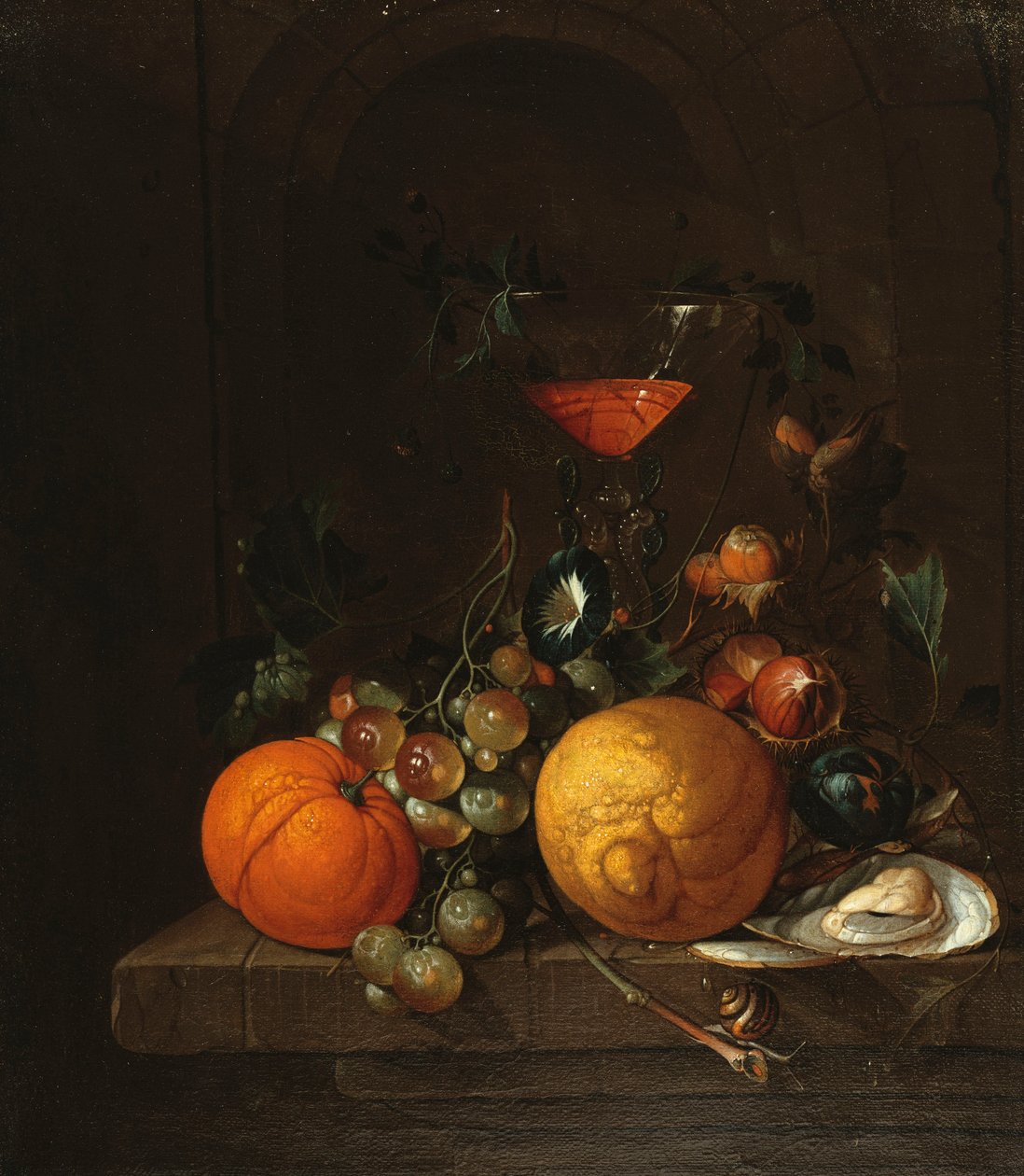 Un limón, una naranja, uvas, una ostra y una copa de vino en un estante de Cornelis de Heem