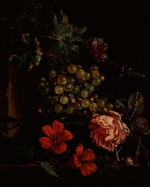 Uvas y flores con escarabajo, caracol y lagarto de Cornelis de Heem