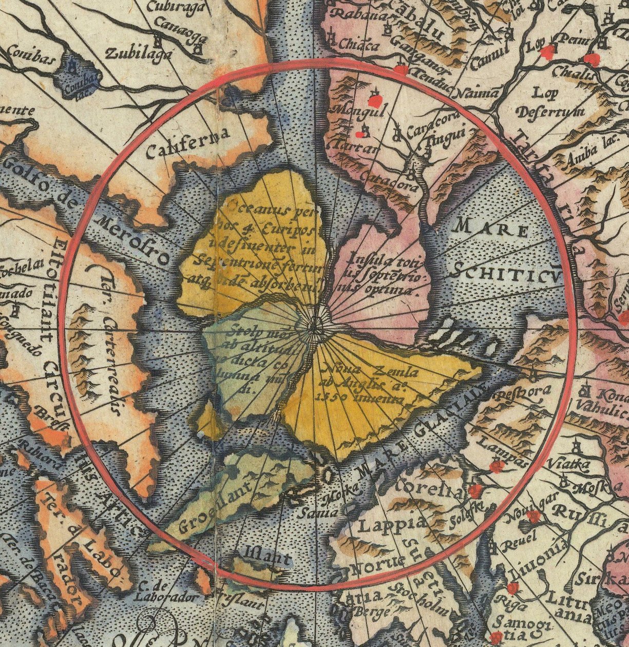 Detalle del mapamundi - Ártico con isla magnética como Polo Norte de Cornelis de Jode