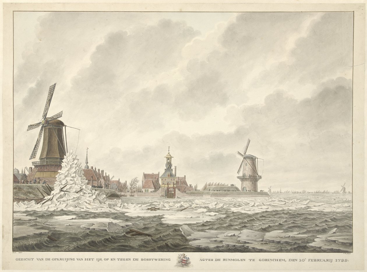 Vista de la travesía del hielo sobre y contra el parapeto detrás del Runmolen en Gorinchem, 20 de febrero de 1799 de Cornelis de Jonker