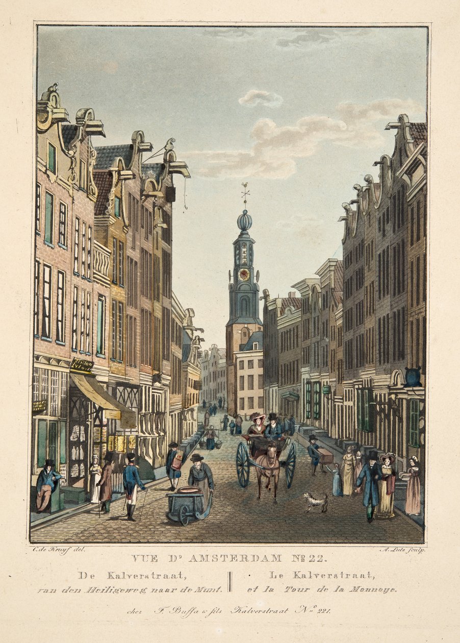 Vista de Ámsterdam No.22. De Kalverstraat, desde Heiligeweg hacia la Munt. Le Kalverstraat, y la Torre de la Moneda, 1825 de Cornelis de Kruyff