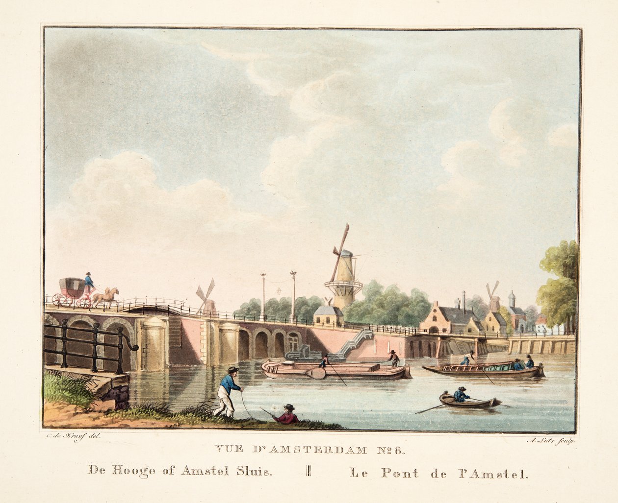 Vista de Ámsterdam No.8. De Hooge of Amstel Sluis. El Puente del Amstel, 1825 de Cornelis de Kruyff
