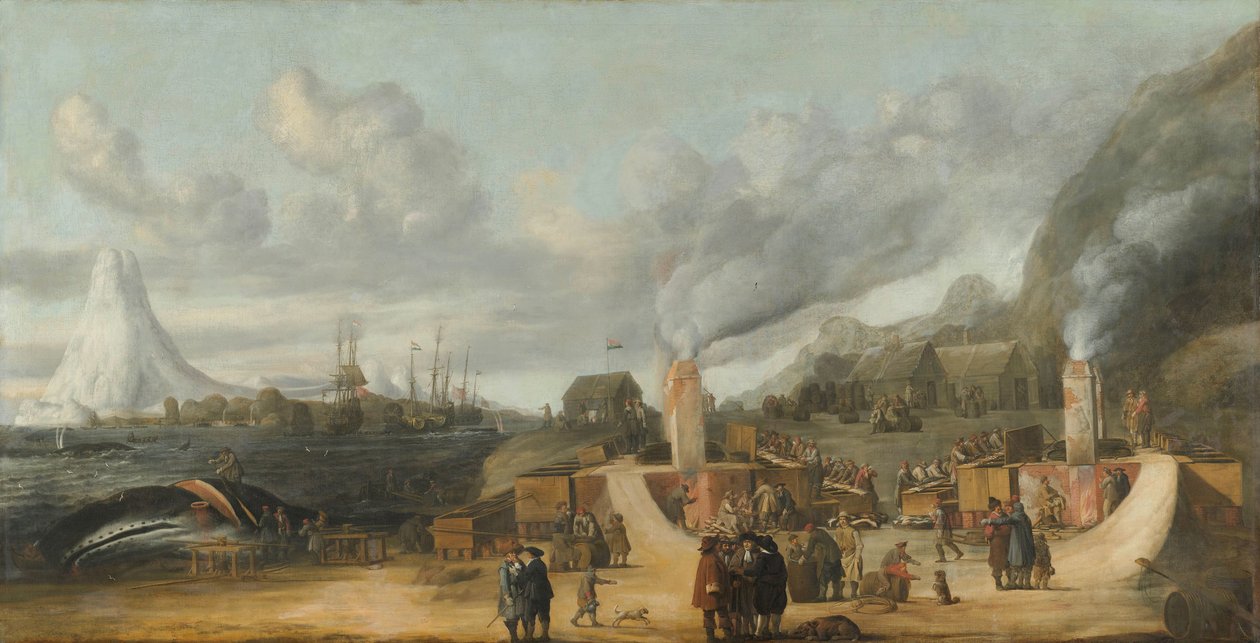 La refinería de aceite de ballena cerca del pueblo de Smerenburg
Una fábrica de aceite de ballena de la Compañía Nórdica o Groenlandia en la isla de Amsterdam, en el extremo norte de Spitzbergen (Svalbard) de Cornelis de Man