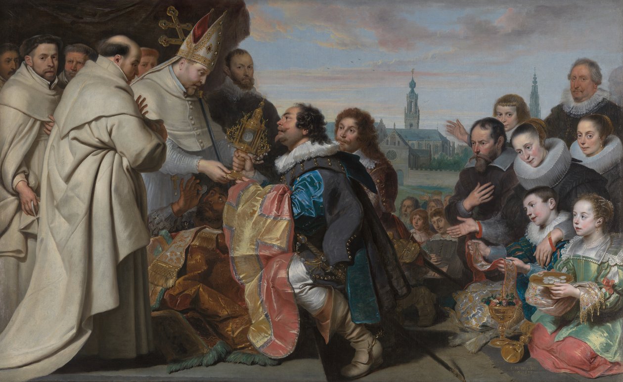 La restitución de los tesoros eclesiásticos a San Norberto tras la derrota del hereje Tankelin, con un retrato de la familia Snoeck de Cornelis de Vos
