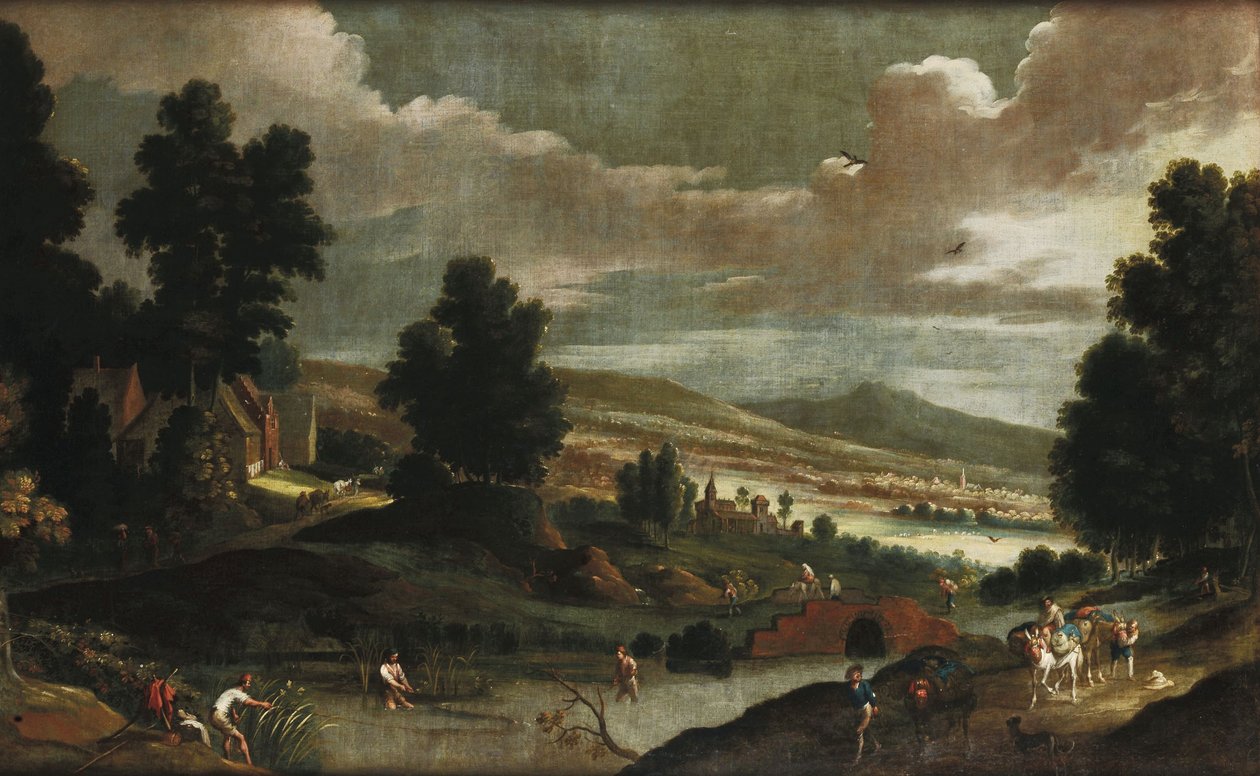 Paisaje con caminantes y pescadores de Cornelis de Wael