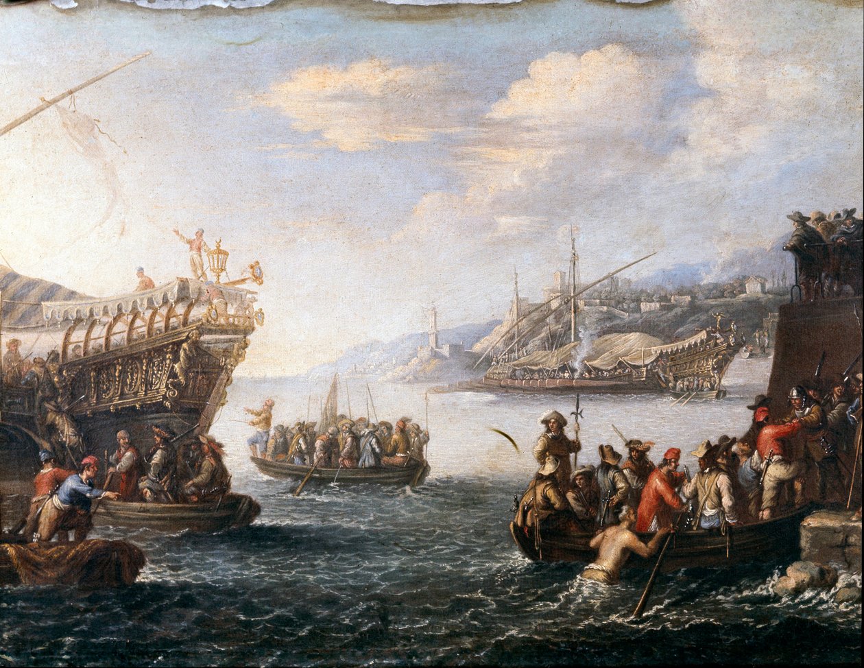 Soldados embarcando para luchar contra los turcos en el puerto de Genoz de Cornelis de Wael