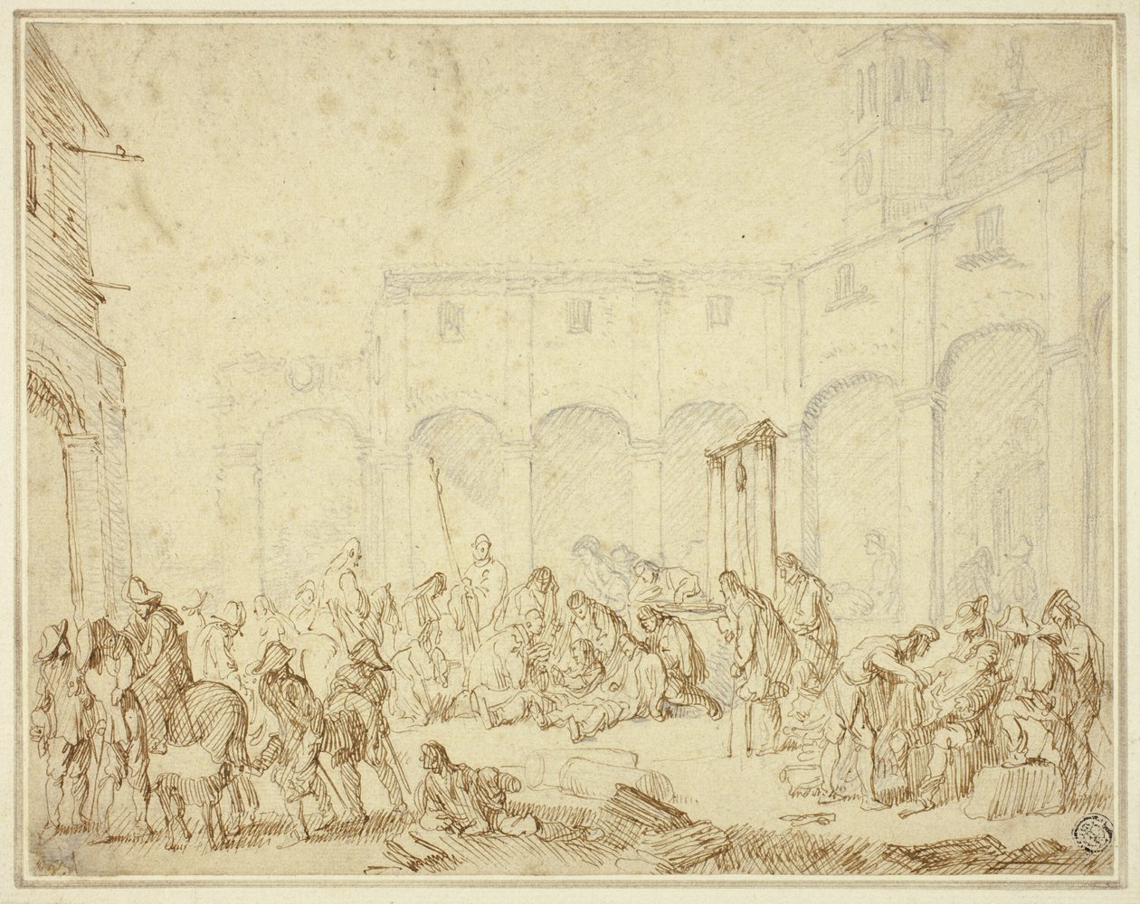 Soldados heridos en un patio de la plaza del pueblo de Cornelis de Wael