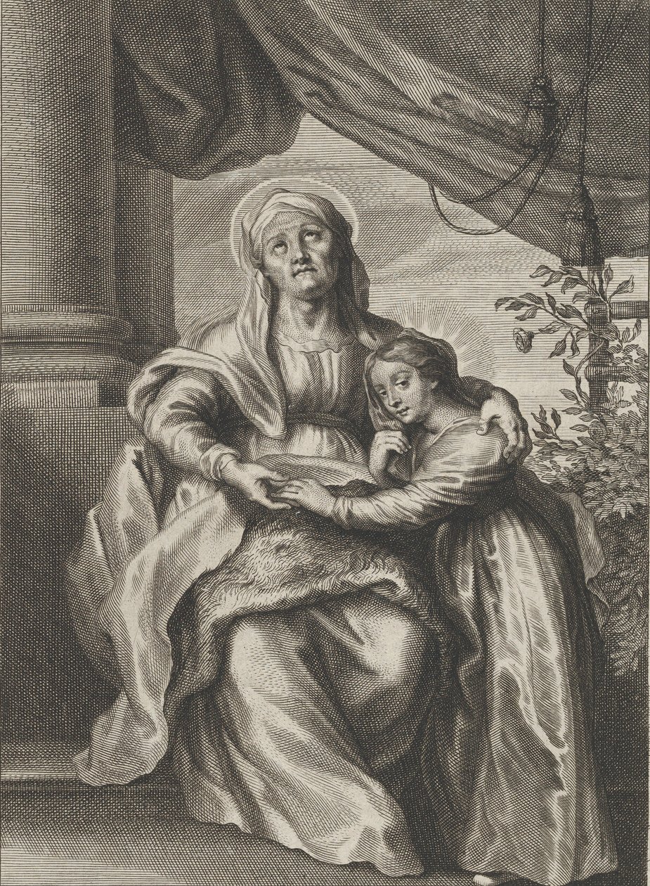 La educación de la Virgen, con Santa Ana sentada en un banco mirando hacia arriba de Cornelis van Caukercken
