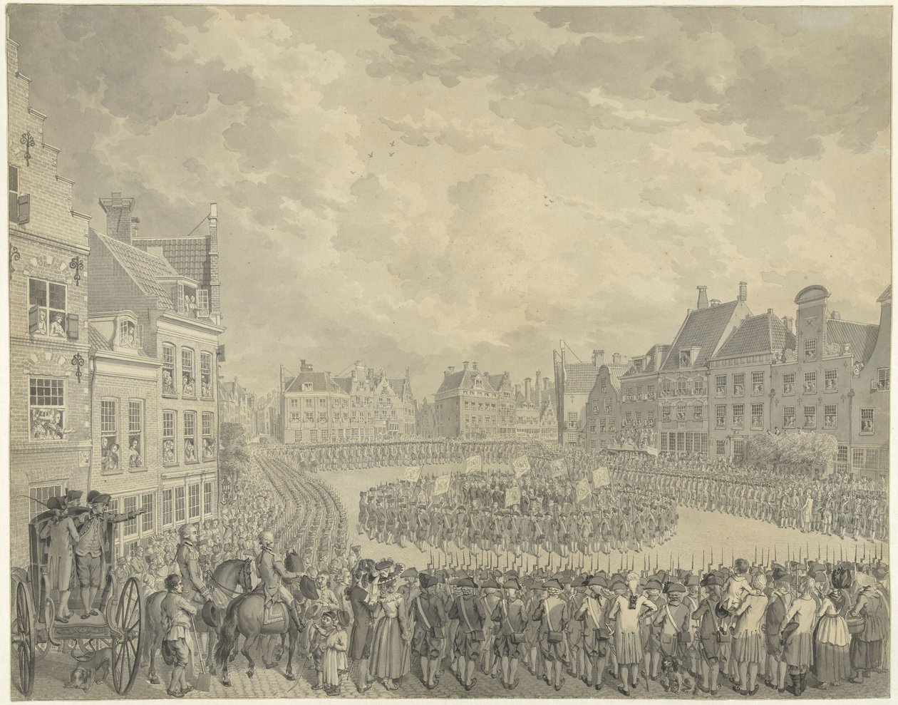 Juramento del Colegio de Comisarios por los oficiales de artillería en el Neude en Utrecht, 1786 de Cornelis van Cuylenburgh (II) (signed by artist)