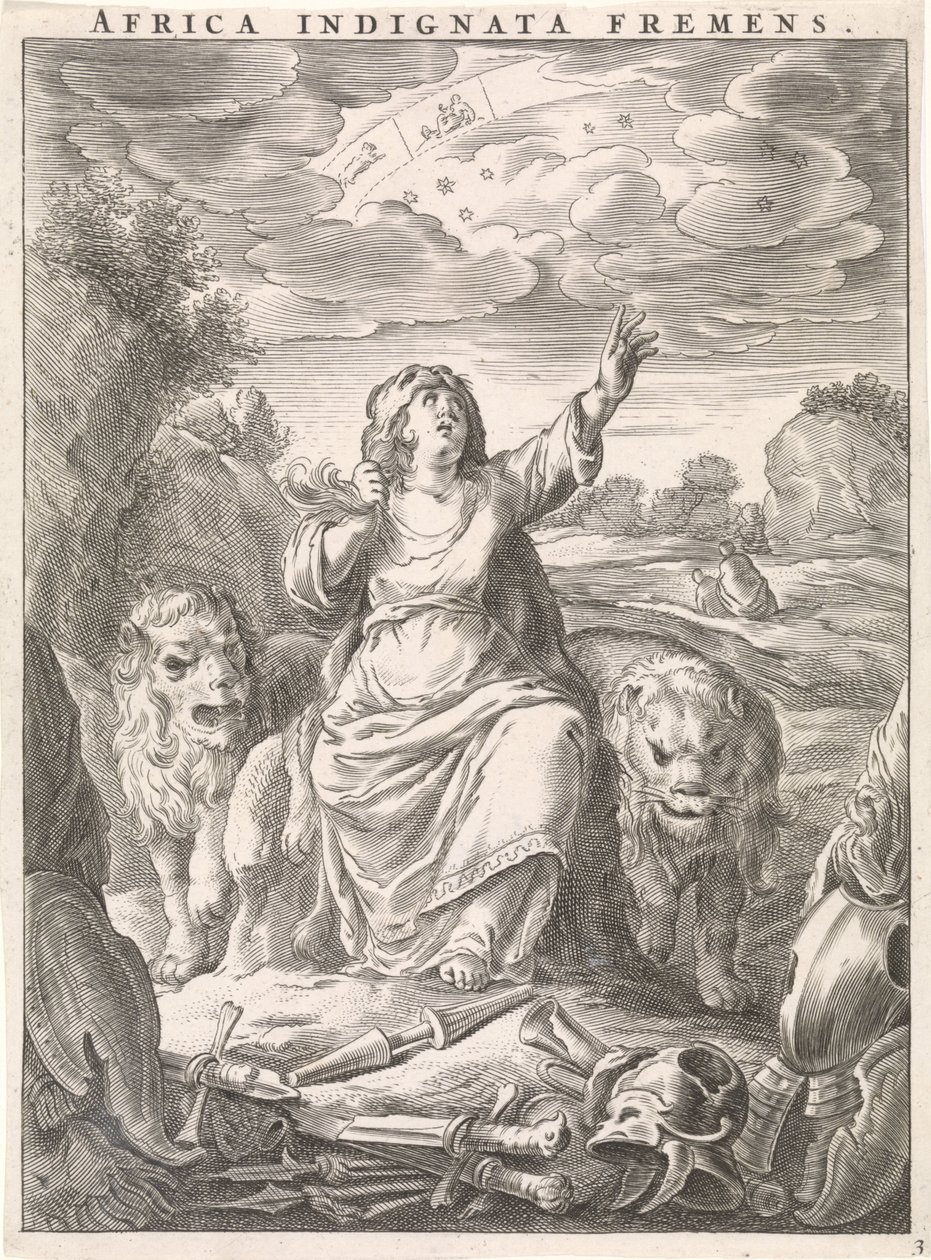 Personificación femenina del continente africano como mujer con piel de león sentada entre leones Africa indignata fremens (título sobre objeto) Cuatro continentes (título de la serie) de Cornelis van Dalen (II)