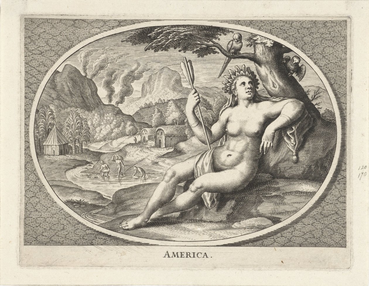 Personificación femenina del continente americano como mujer con un tocado de plumas y una flecha en un paisaje América (título sobre objeto) de Cornelis van Dalen (II)