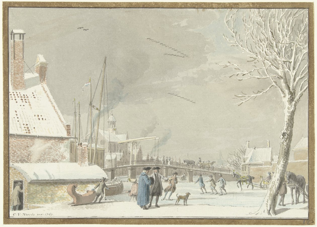 Canal de la ciudad congelada con patinadores de Cornelis van Noorde