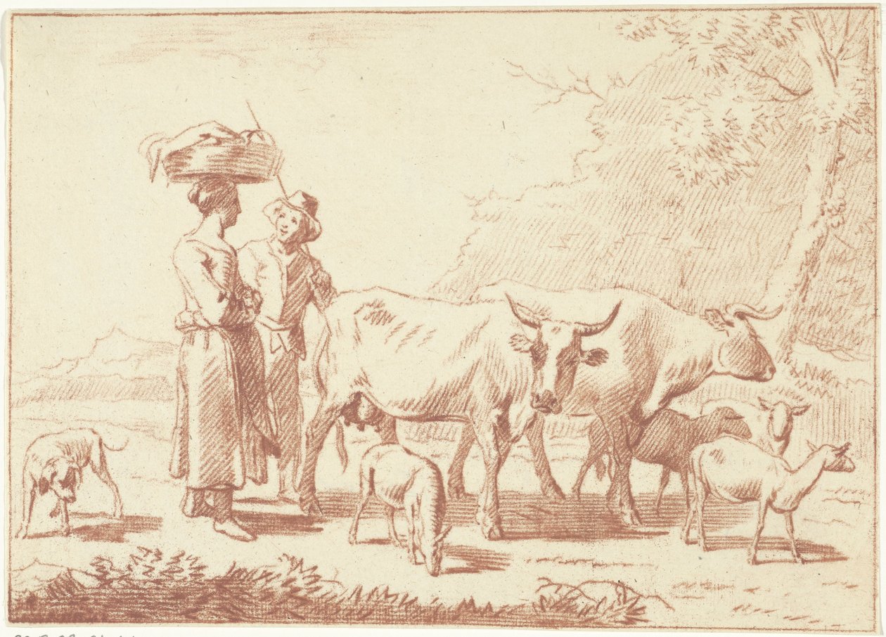 Pastor y mujer con vacas y ovejas. de Cornelis van Noorde