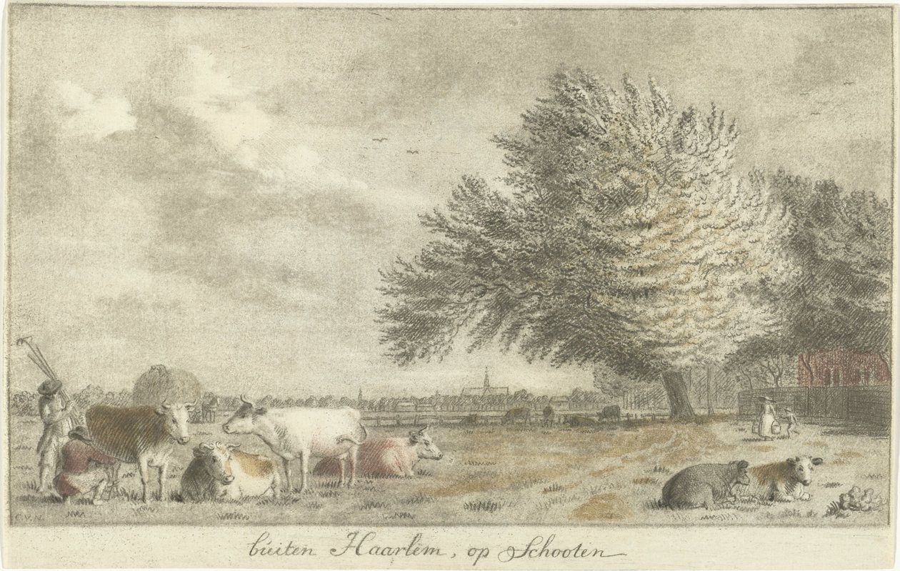 vacas en un prado fuera de Haarlem, en Schooten (título sobre el objeto) de Cornelis van Noorde