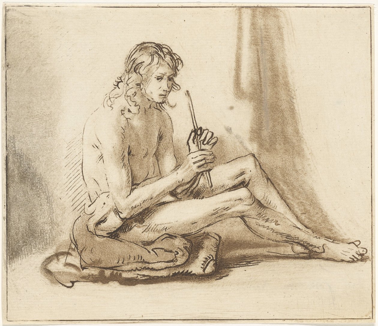 Hombre desnudo sentado con flauta de Cornelis van Noorde