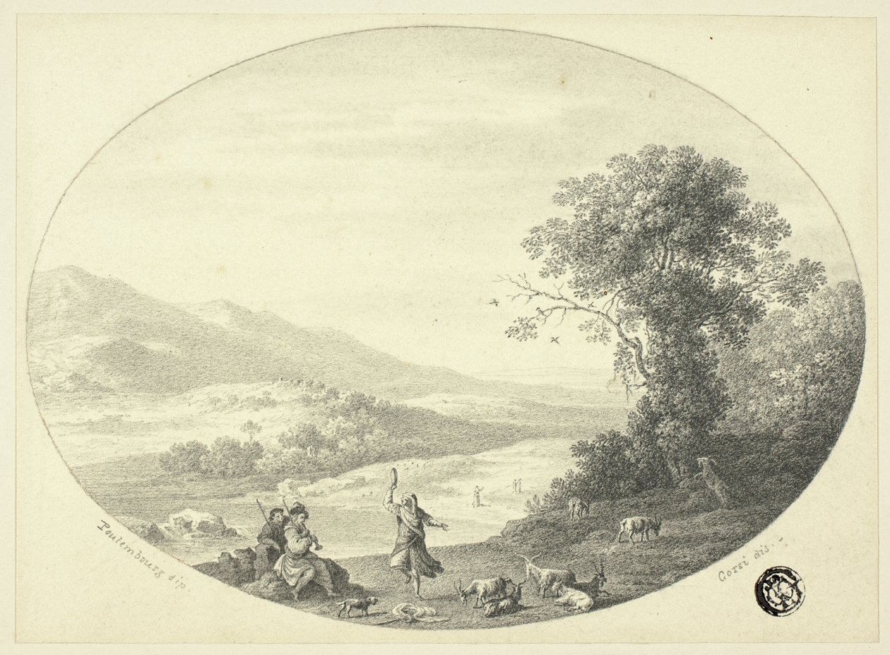 Paisaje Italianizante con Bailarín, Músicos y Cabras de Cornelis van Poelenburgh
