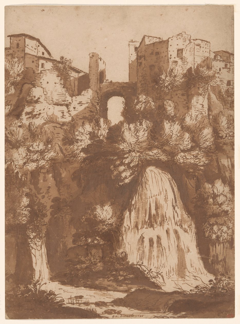 Vista de Tívoli con el puente sobre la cascada del Anio de Cornelis van Poelenburgh