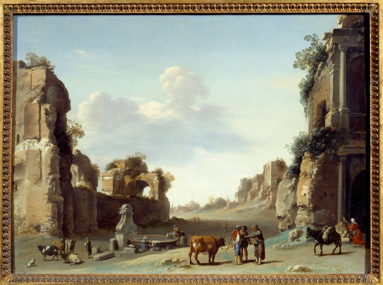 Vista fantástica del Campo Vaccino en Roma con dos burros de Cornelis van Poelenburgh or Poelenburch
