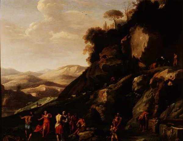 Campesinos bailando en un paisaje de Cornelis van Poelenburgh or Poelenburch
