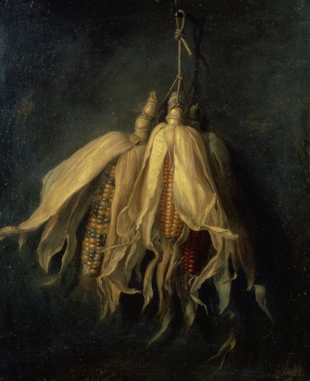 Tres mazorcas de maíz colgando de un clavo (óleo sobre lienzo) de Cornelis van Spaendonck